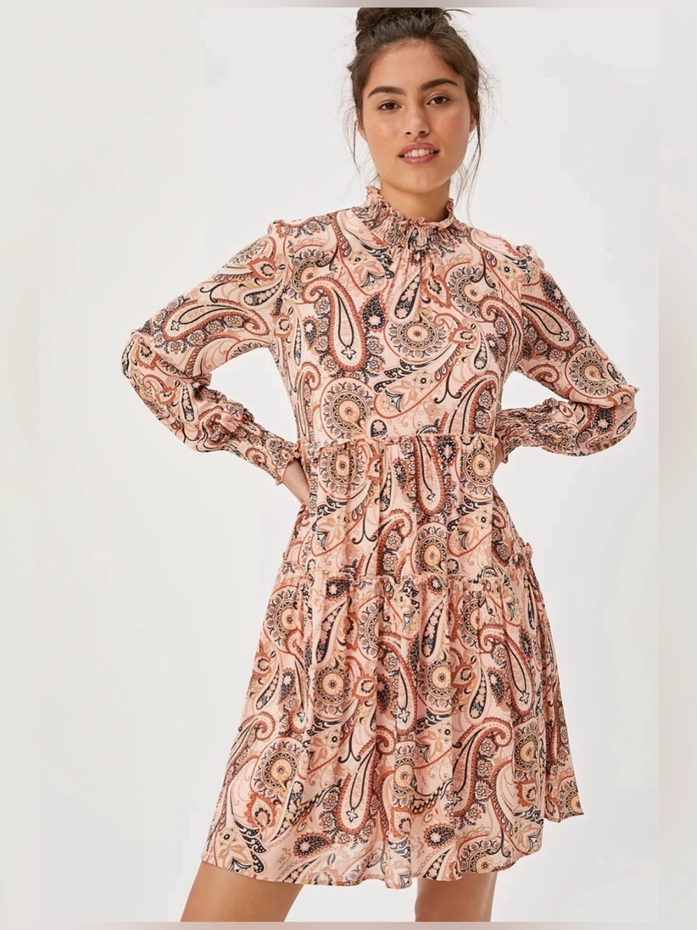 Anthropologie Cady Peach Pink Paisley Tiered Boho Mini Tunic Dress Size Small